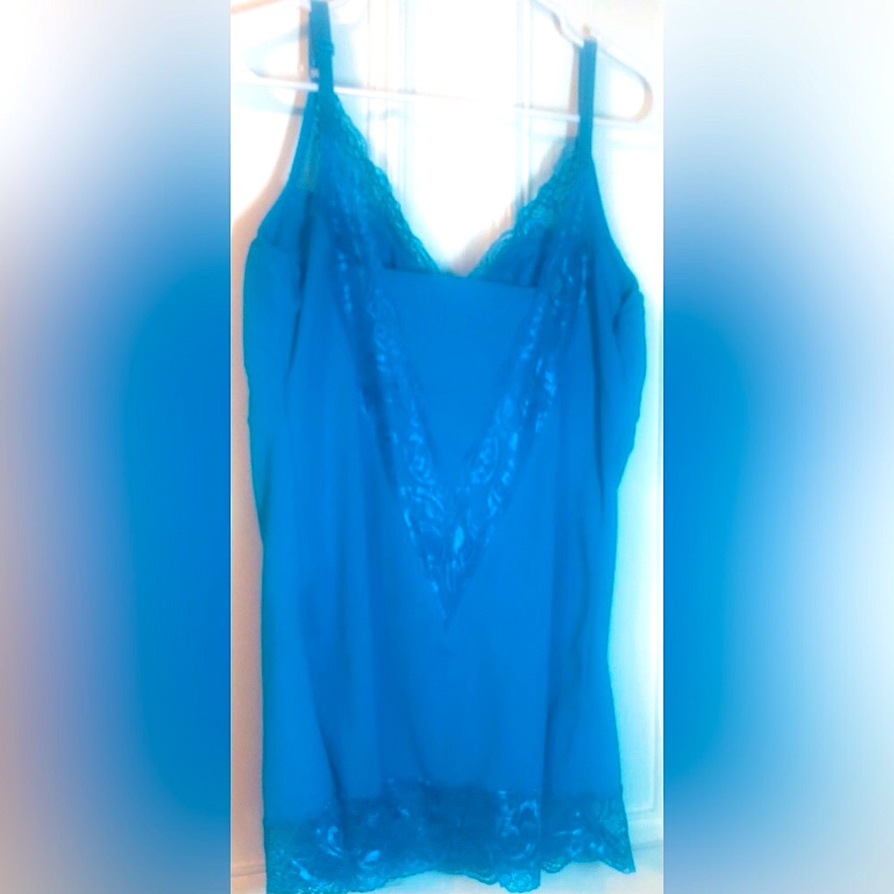 Rhonda Shear Camisole Women’s Plus Size 1X Aqua Blue with Lace Trim Intimates